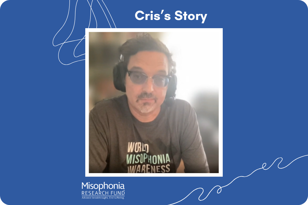 Screenshot of Cris Edwards talking and wearing a World Misophonia Awareness Day shirt