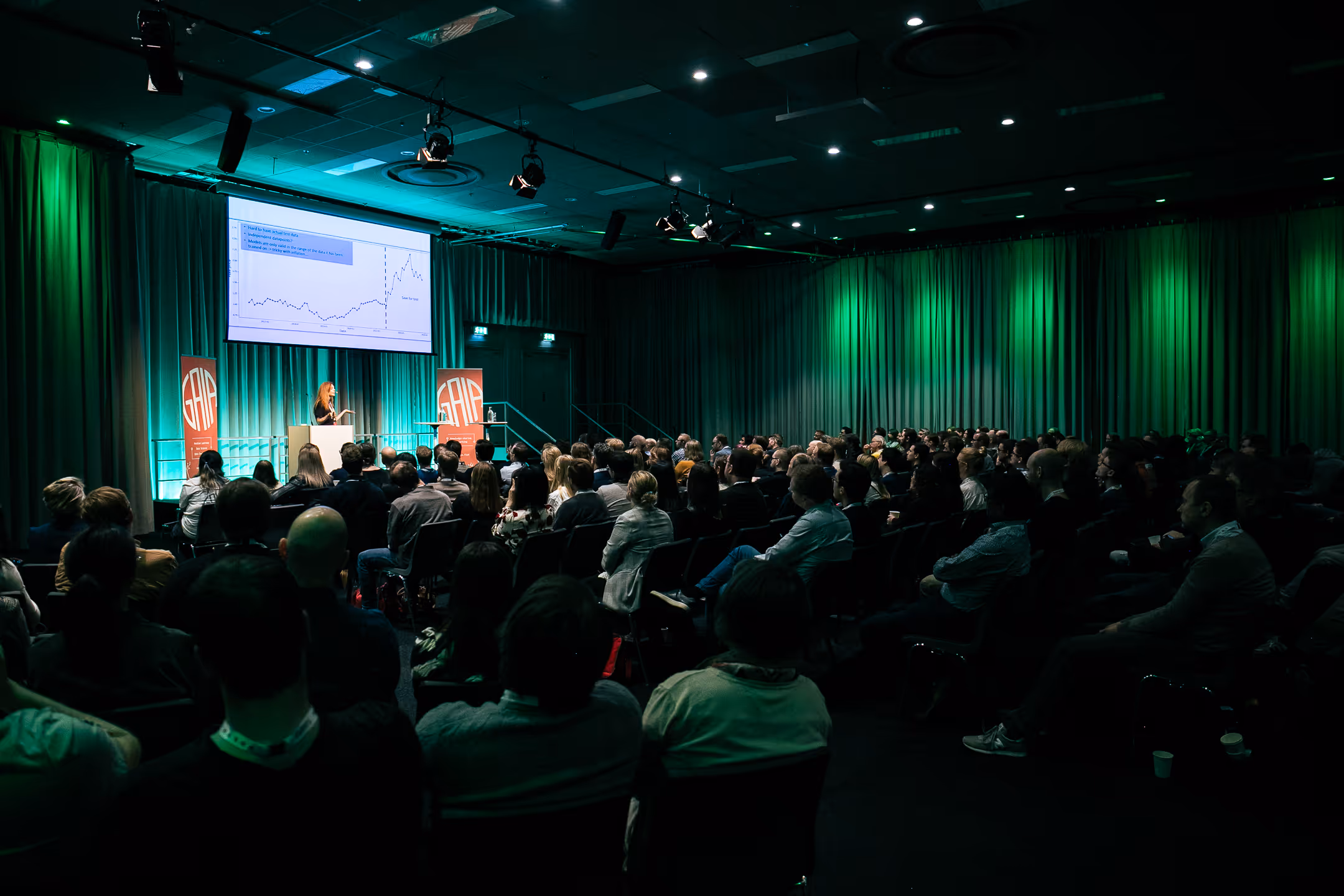 A photo showing the audience in room H1 listening to a talk at the 2024 GAIA Conference. Photo by Kef Film.