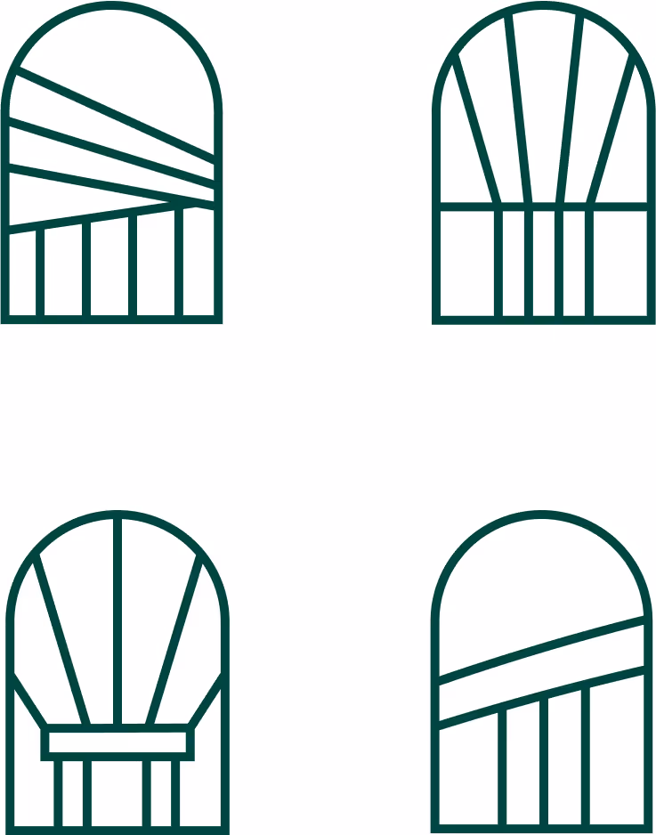 Four dark green arched window icons with different geometric grid patterns on a white background.