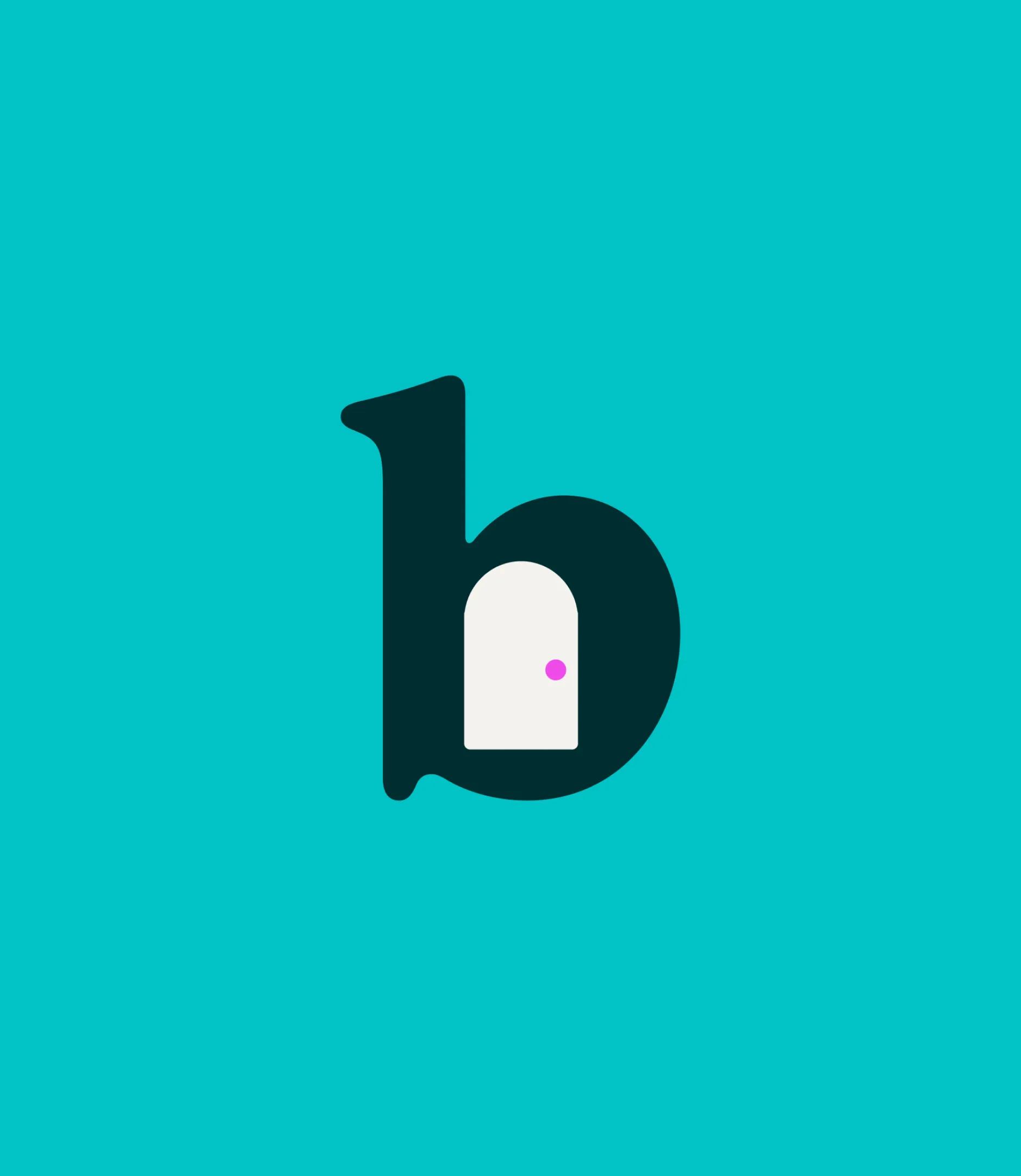Buzy logo, a lowercase letter b with a white door and pink doorknob inside the rounded part on a turquoise background.