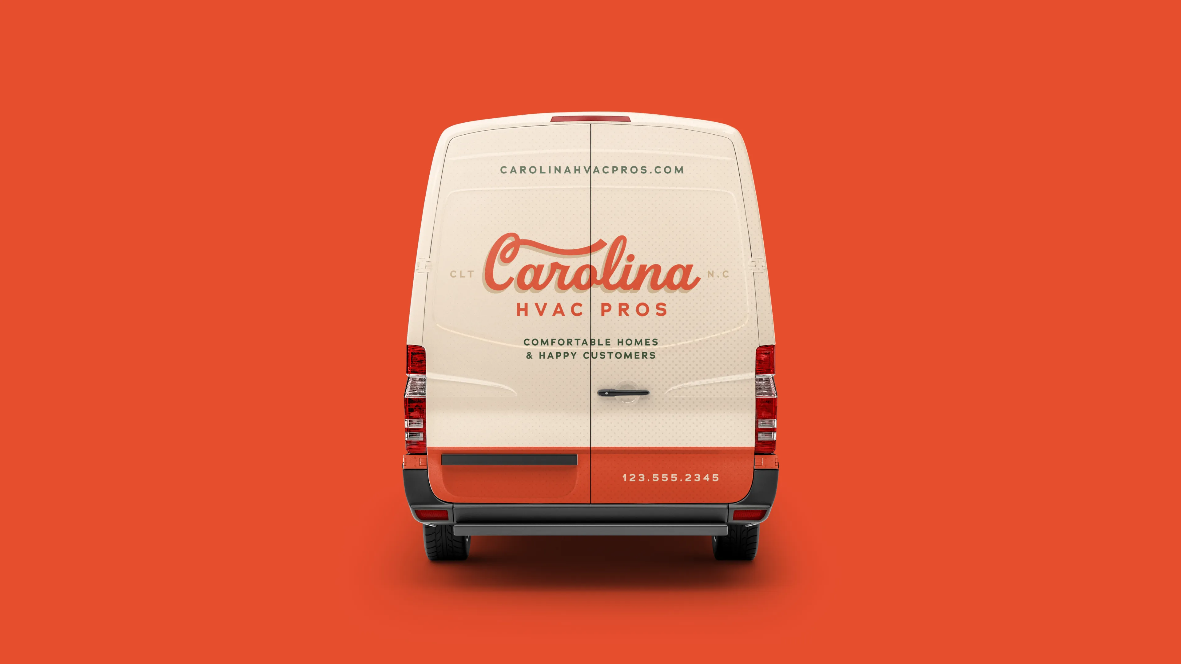 Rear view of a white and orange Carolina HVAC Pros service van with on orange background.