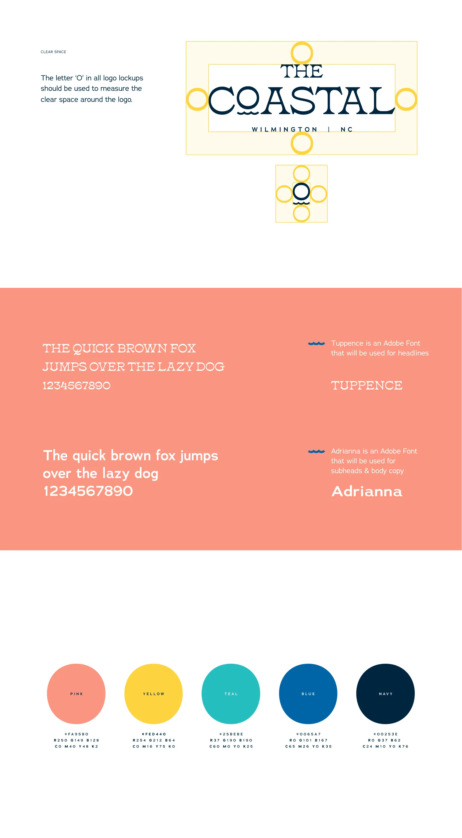 Brand style guide showing logo clear space measured by letter 'O', fonts Tuppence for headlines and Adrianna for body text, and color palette with pink, yellow, teal, blue, and navy circles including their hex and RGB values.
