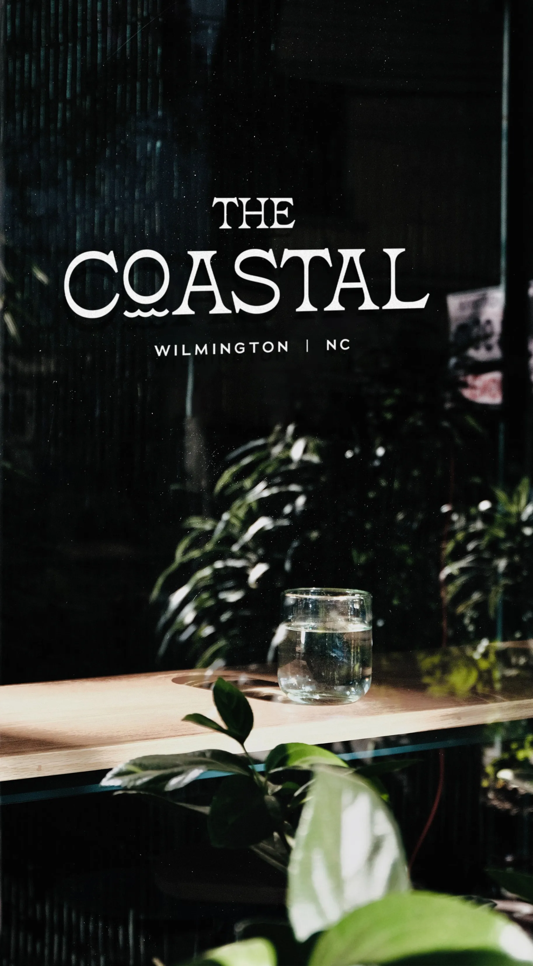 Glass of water on a wooden table with green plants in the foreground and background, with 'The Coastal Wilmington | NC' text visible.