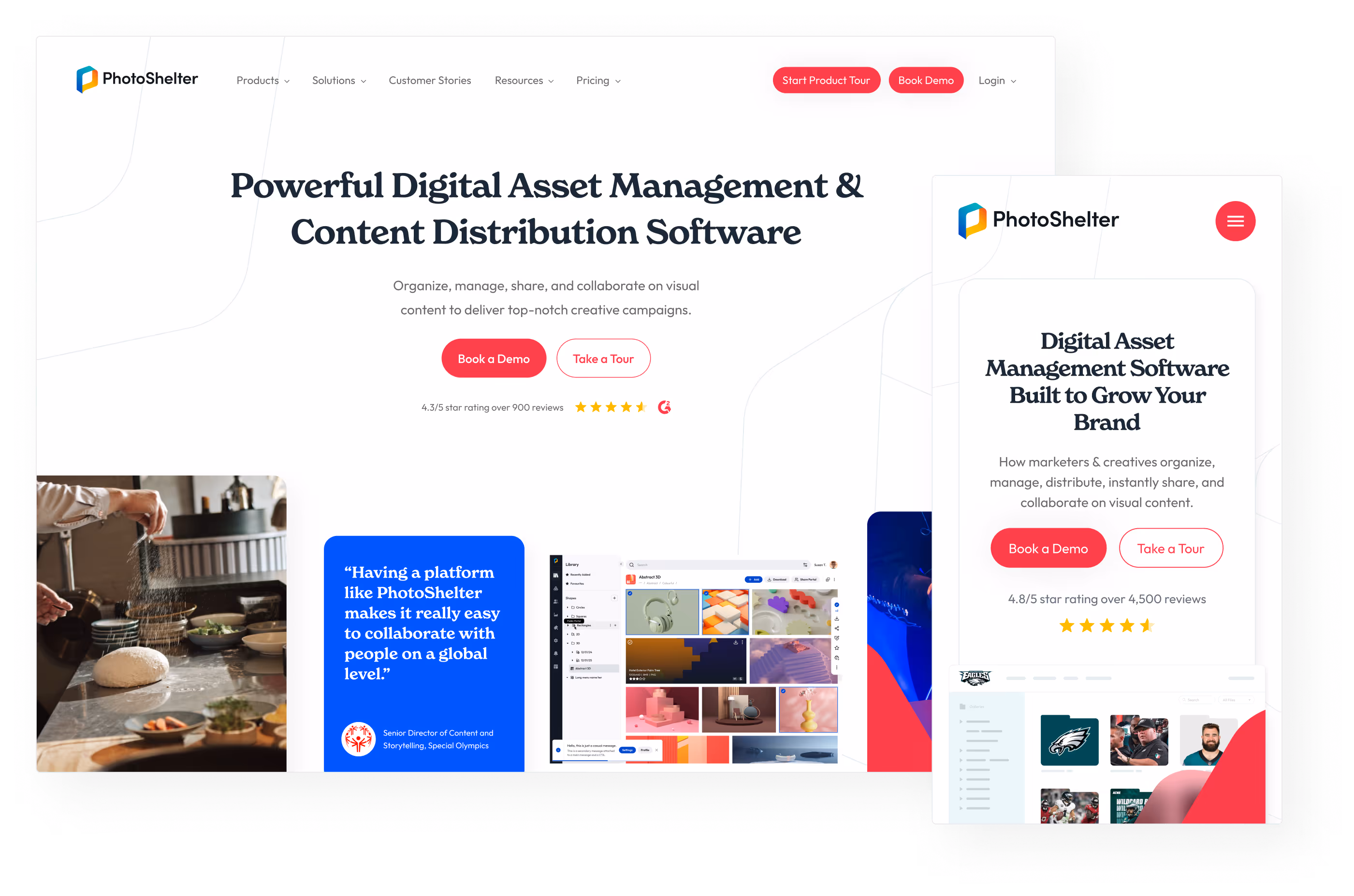 PhotoShelter homepage showing digital asset management software with options to book a demo or take a tour, customer testimonial, and mobile view.