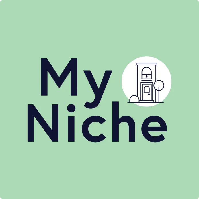 Logo with the words 'My Niche' in bold black text on a green background, featuring a small icon of a two-story house with trees inside a white circle.