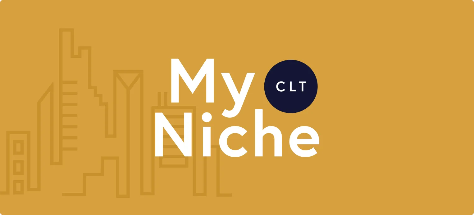 My Niche CLT logo with stylized city skyline outline in background on mustard yellow.