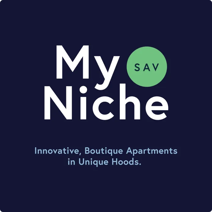 Logo with text My Niche and a green circle containing SAV, with the slogan Innovative, Boutique Apartments in Unique Hoods below.