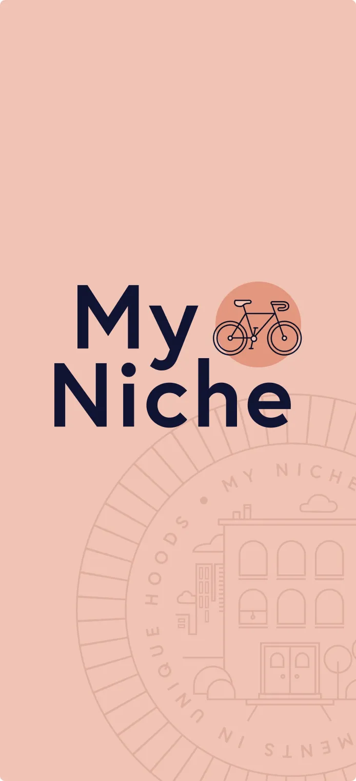 Logo with text 'My Niche' and an outlined bicycle inside a peach circle on a light peach background.