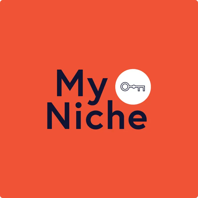 Logo with the text 'My Niche' in bold black letters on an orange background, featuring a key icon inside a white circle.