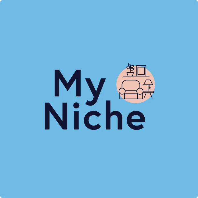 Logo with the text 'My Niche' and an icon of a cozy armchair, a side table with a lamp, a plant, and a framed picture above, on a light blue background.