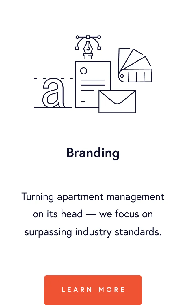 Line icons representing branding including letter 'a', document with pen tool, color palette, and envelope above text about apartment management branding.