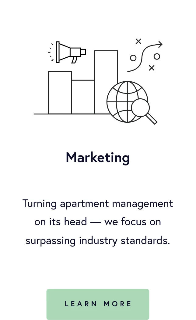 Line illustration of a bar chart, megaphone, globe with magnifying glass, and a strategic path with circles and crosses.
