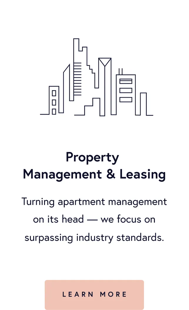 Minimalist black line drawing of a city skyline above text about property management and leasing, with a peach-colored learn more button below.
