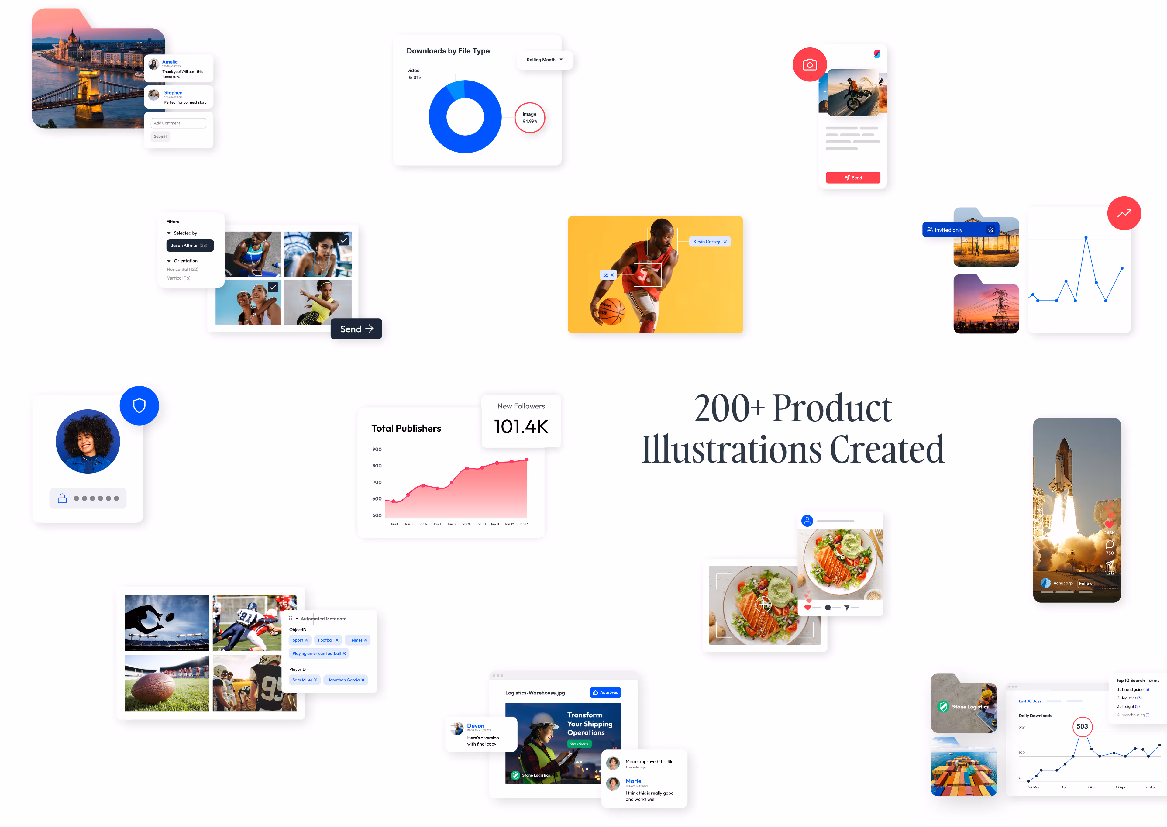 Collage of various user interface product illustrations including charts, social media posts, photo grids, comments, and a basketball player on a yellow background.