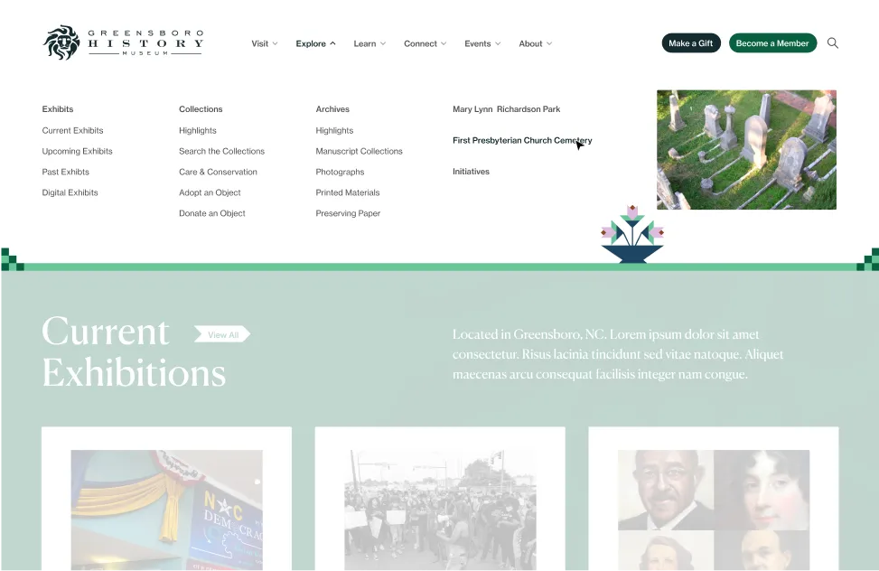 An early version of Greensboro History Museum's website drop down menu