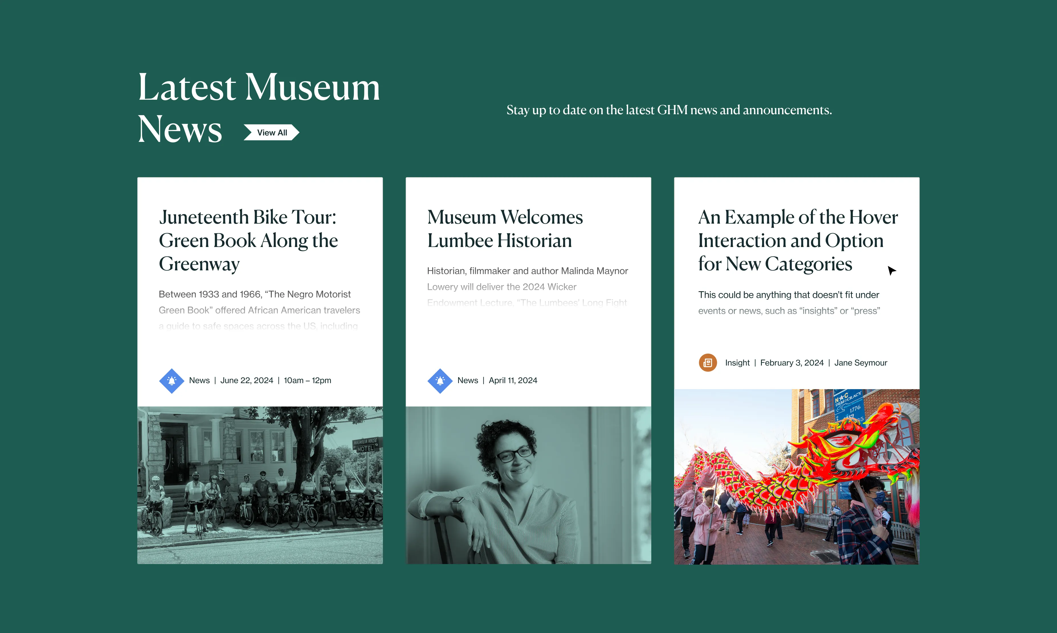 Screenshot of the latest news section on Greensboro History Museum's website