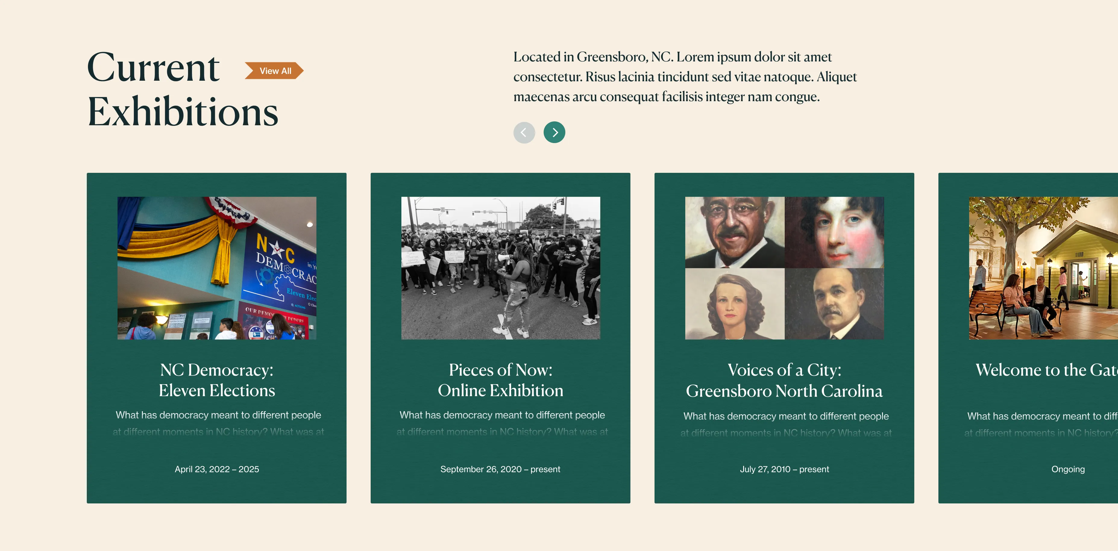A screenshot of the current exhibitions slider on Greensboro History Museum's site