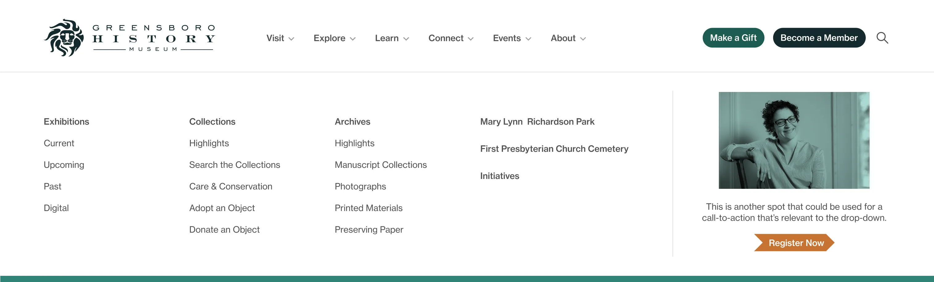 Greensboro History Musuem website menu on desktop