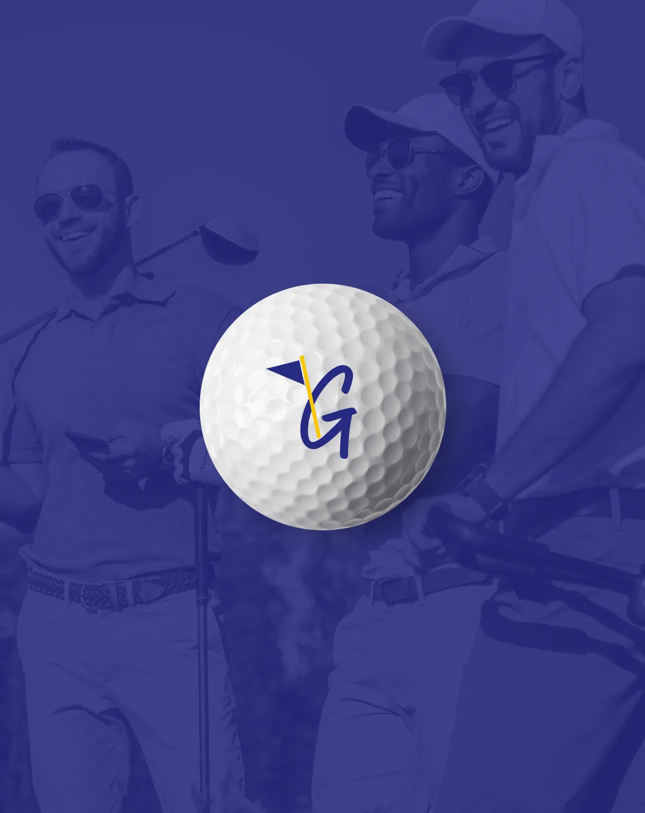 White golf ball with a stylized 'G' and flag logo in front of a blue-toned image of three men smiling and holding golf clubs.
