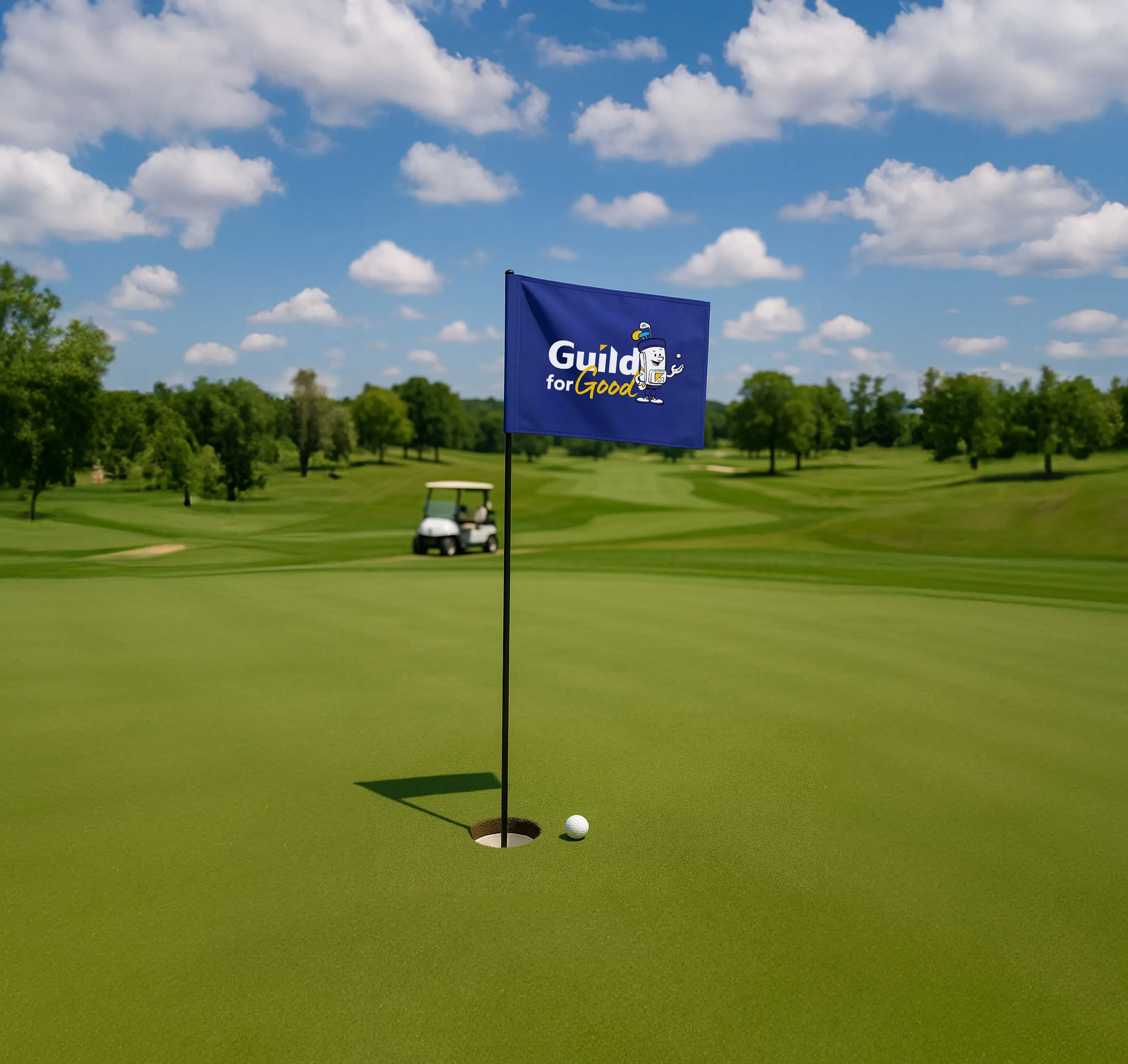 Golf hole flag on a green with the text 'Guild for Good' and a cartoon character, with a golf ball near the hole and a golf cart in the background.