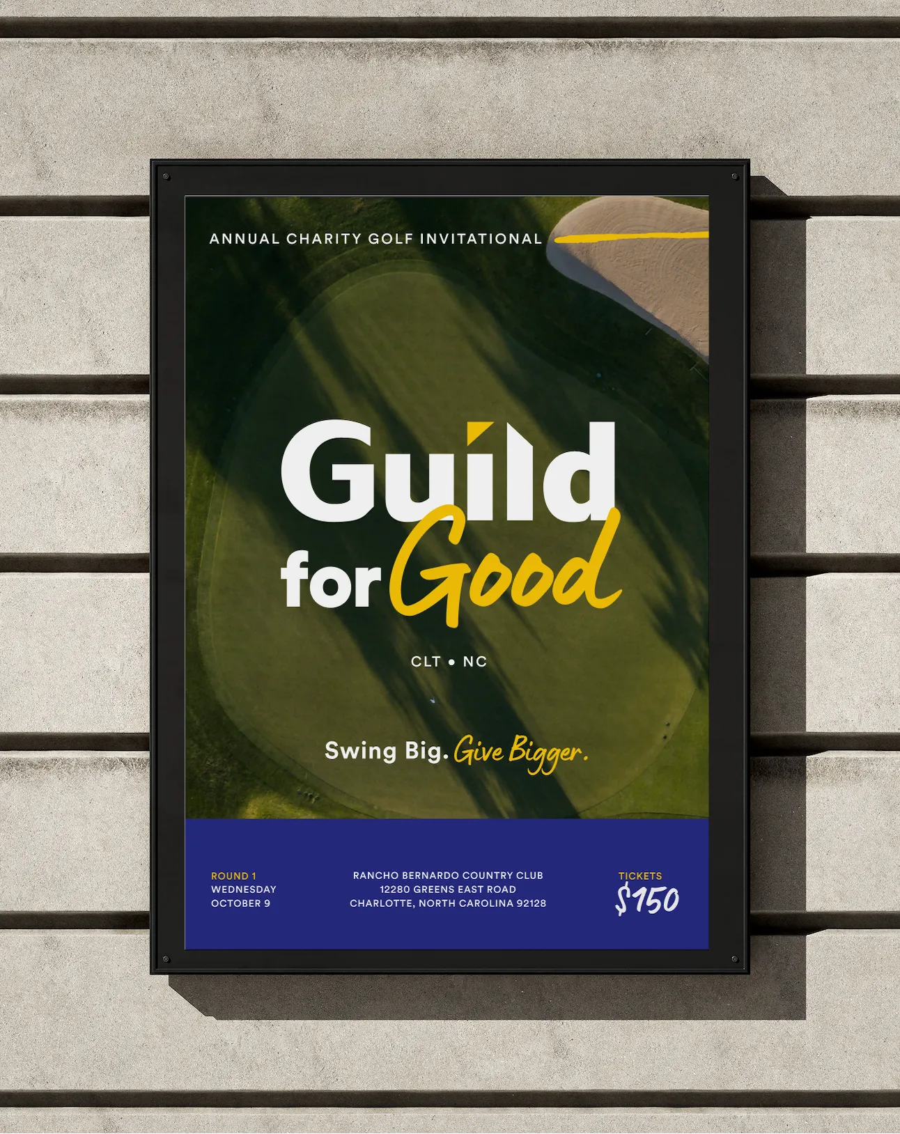 Framed poster for Annual Charity Golf Invitational titled 'Guild for Good' showing an aerial view of a golf course green and sand trap, with event details and ticket price $150.