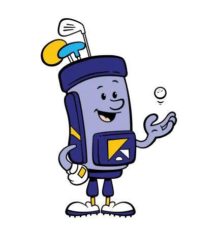 Blue and navy cartoon golf bag character with arms, legs, and a smiling face, holding a golf ball and clubs.