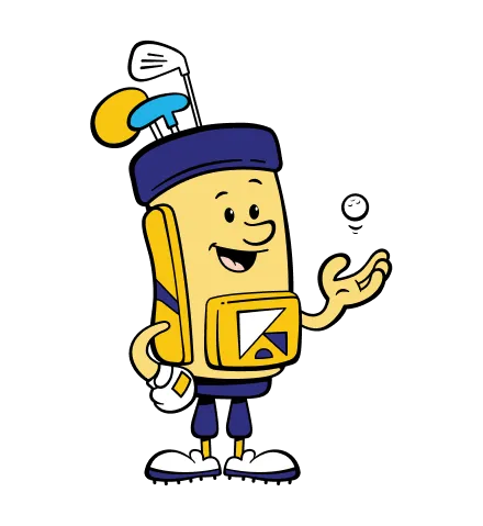 Yellow cartoon golf bag character with a smiling face, arms, legs, and golf clubs, tossing a golf ball in the air.