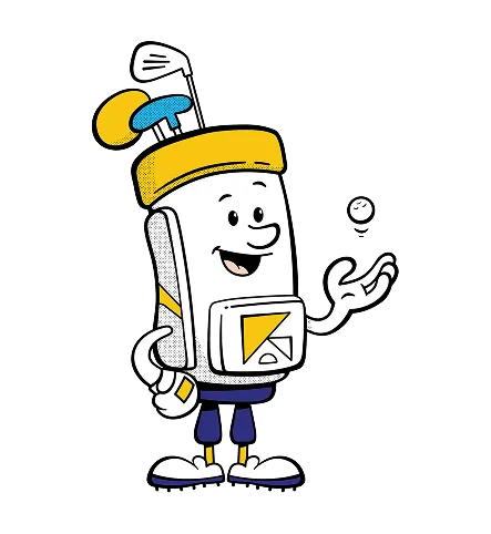 White and yellow cartoon golf bag with arms, legs, and a smiling face tossing a golf ball in the air.