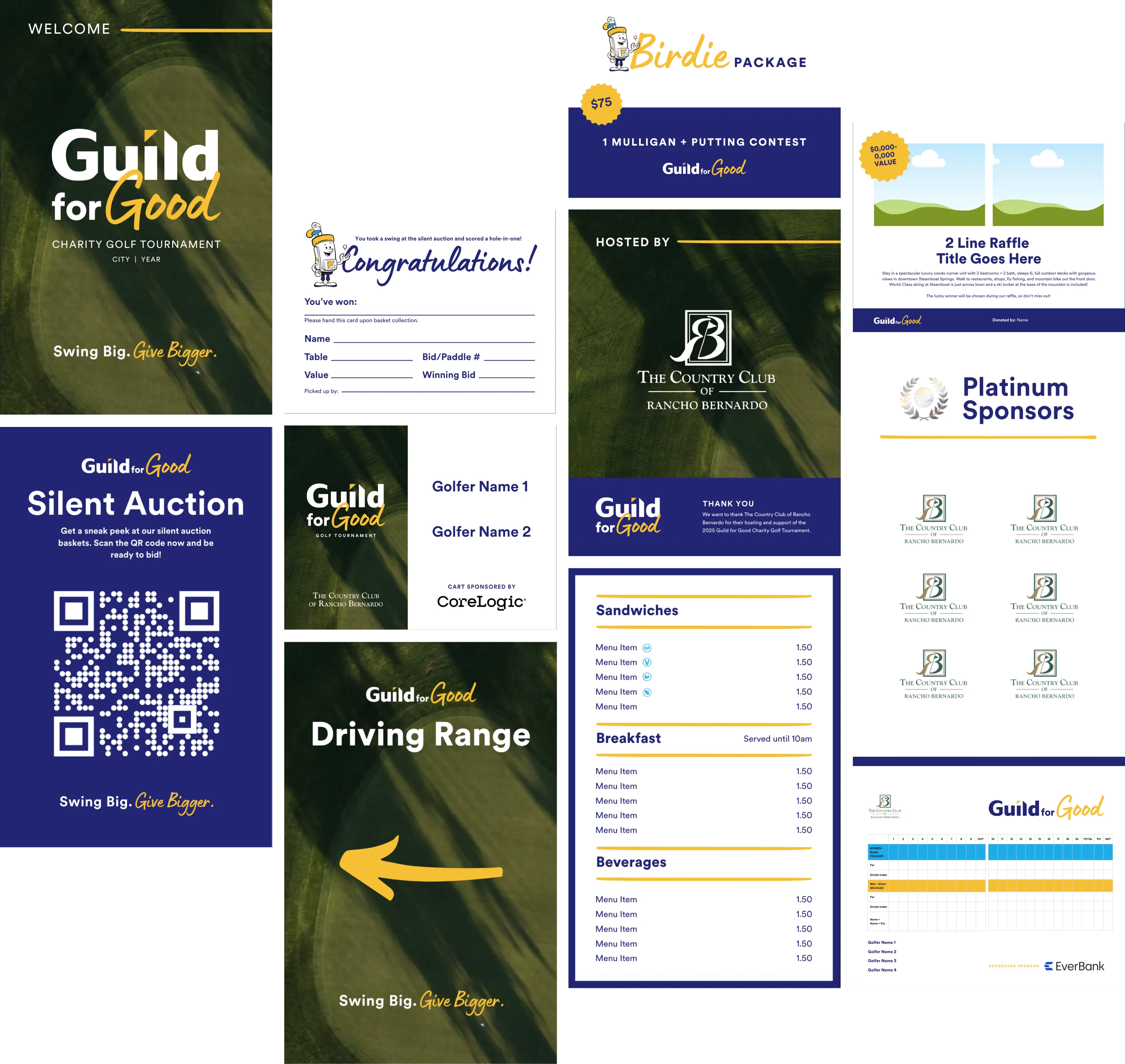 Collage of promotional materials for Guild for Good charity golf tournament on Canva including welcome sign, silent auction QR code, congratulatory card, Birdie package, raffle, sponsors, driving range sign, menu, leaderboard, and host club logo.