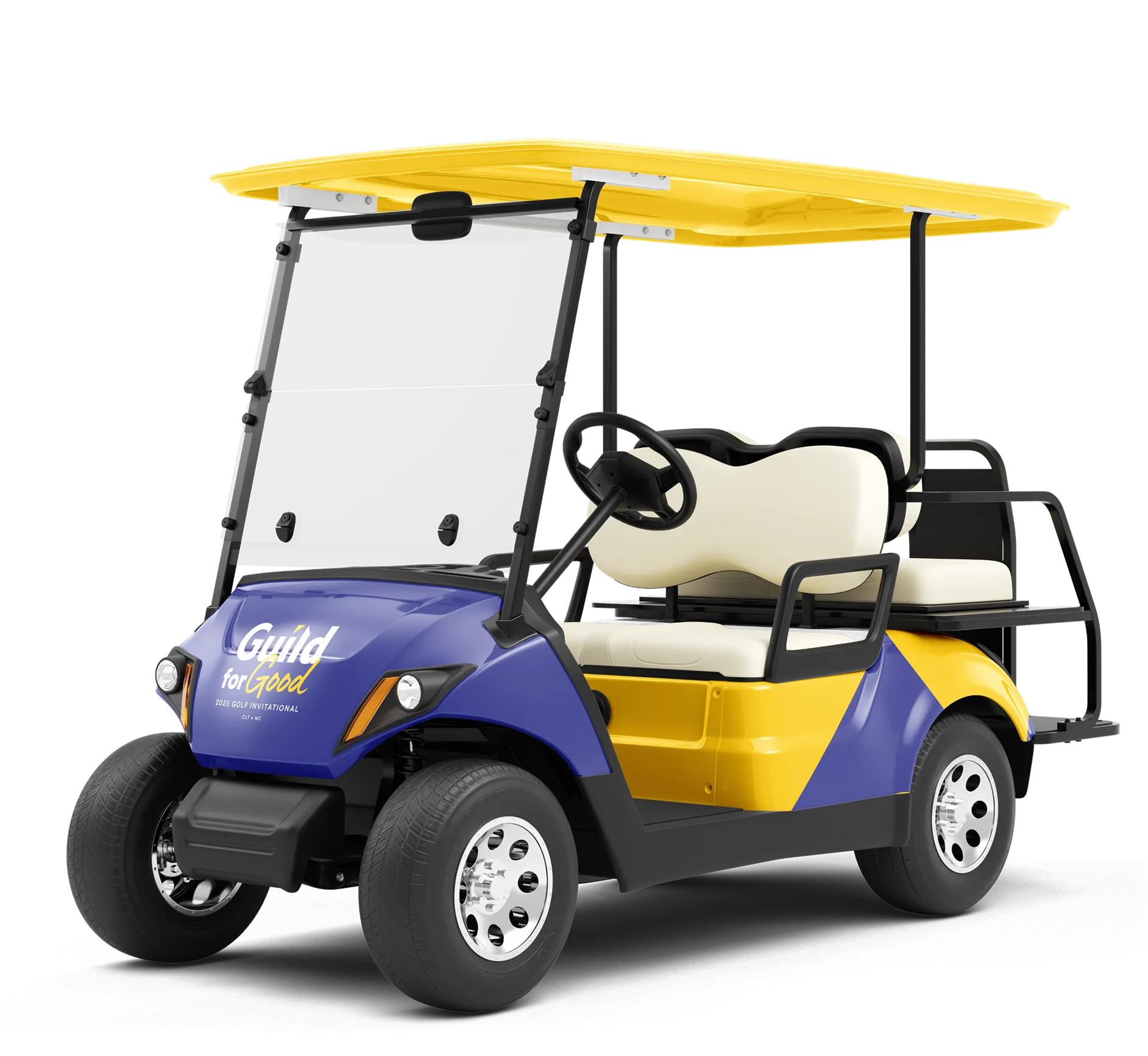 Blue and yellow golf cart with white seats and a yellow roof, featuring 'Guild for Good' text on the front.