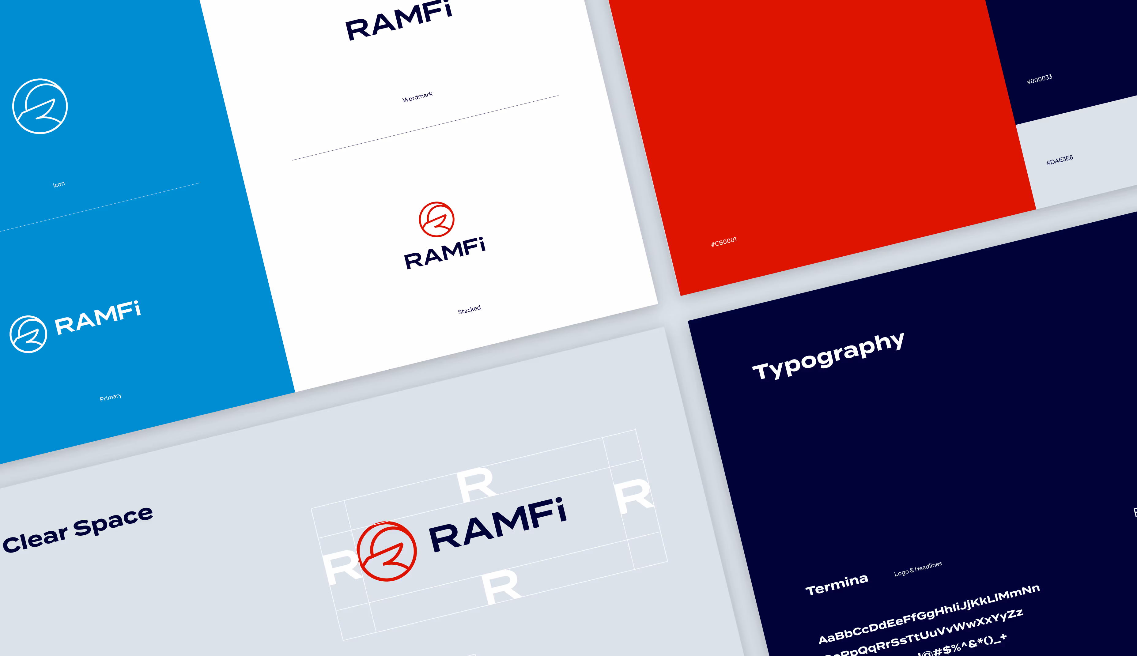 A spread of Ramfi's new brand guidelines, including colors and typography