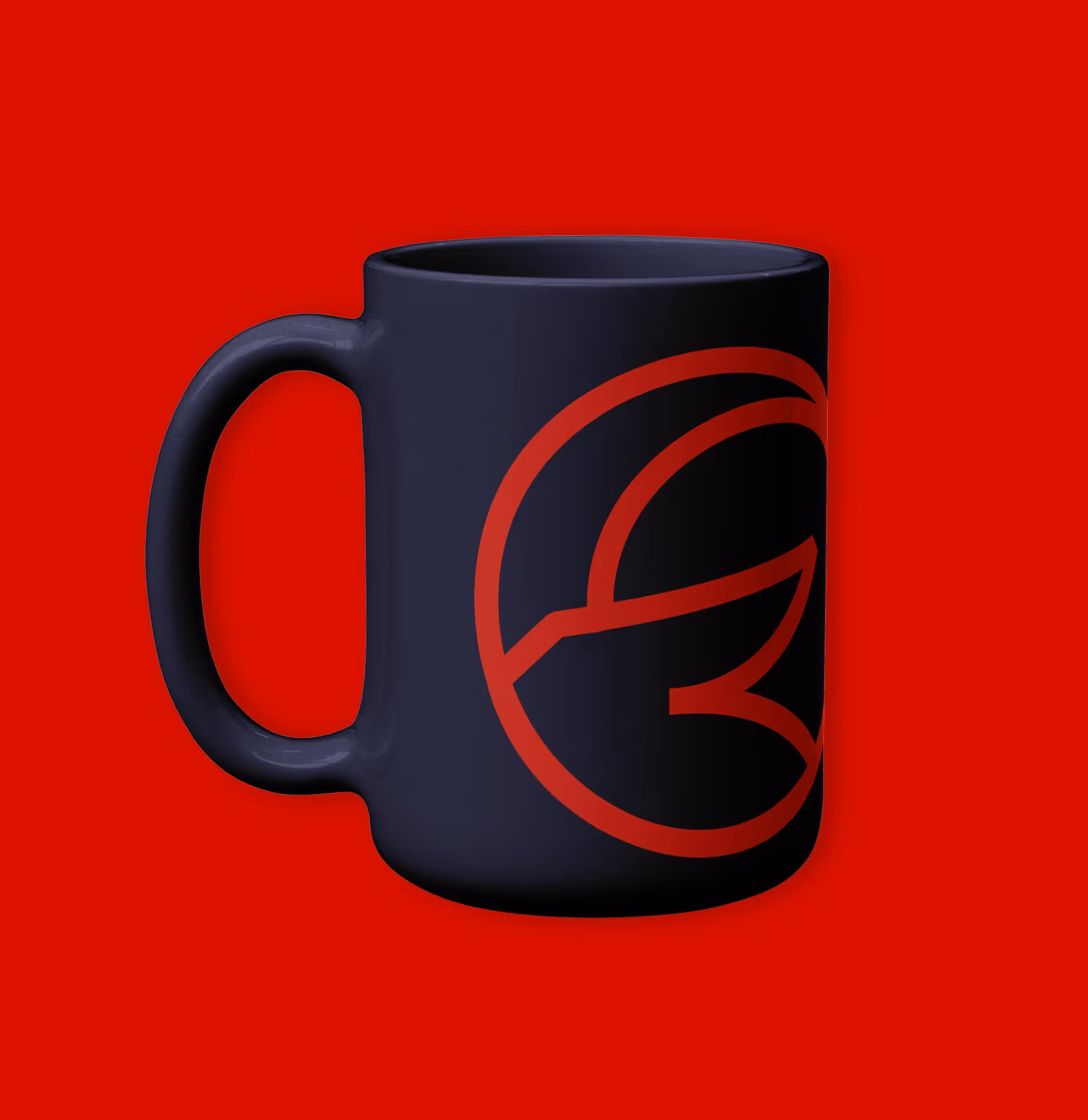 A black coffee cup with Ramfi's logo on it