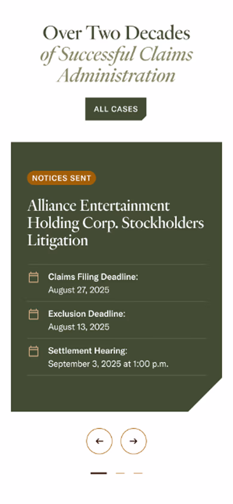 Text highlighting over two decades of successful claims administration with details on Alliance Entertainment Holding Corp. stockholders litigation, including claims filing deadline August 27, 2025, exclusion deadline August 13, 2025, and settlement hearing September 3, 2025 at 1:00 p.m.