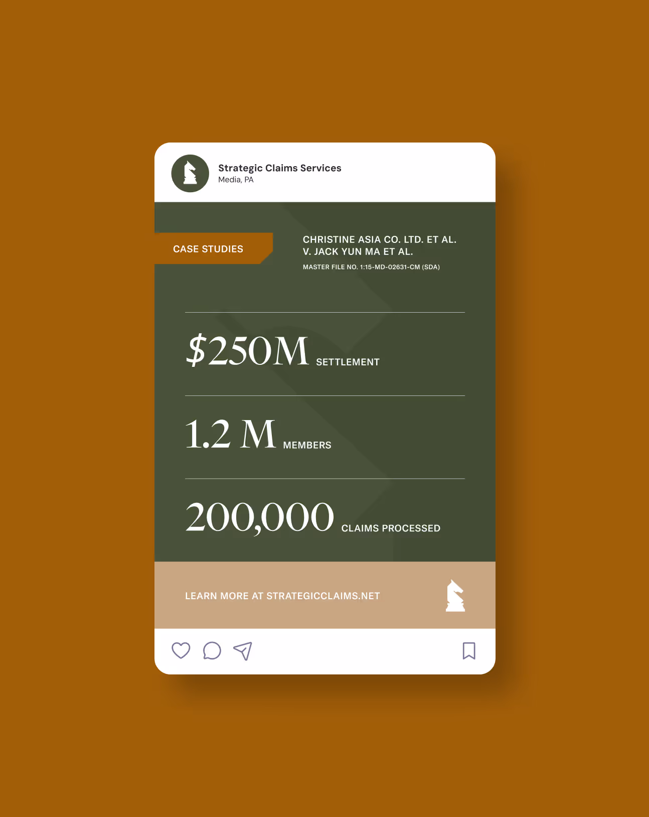 Strategic Claims Services case study card showing $250M settlement, 1.2M members, and 200,000 claims processed for Christine Asia Co. Ltd. v. Jack Yun Ma et al.