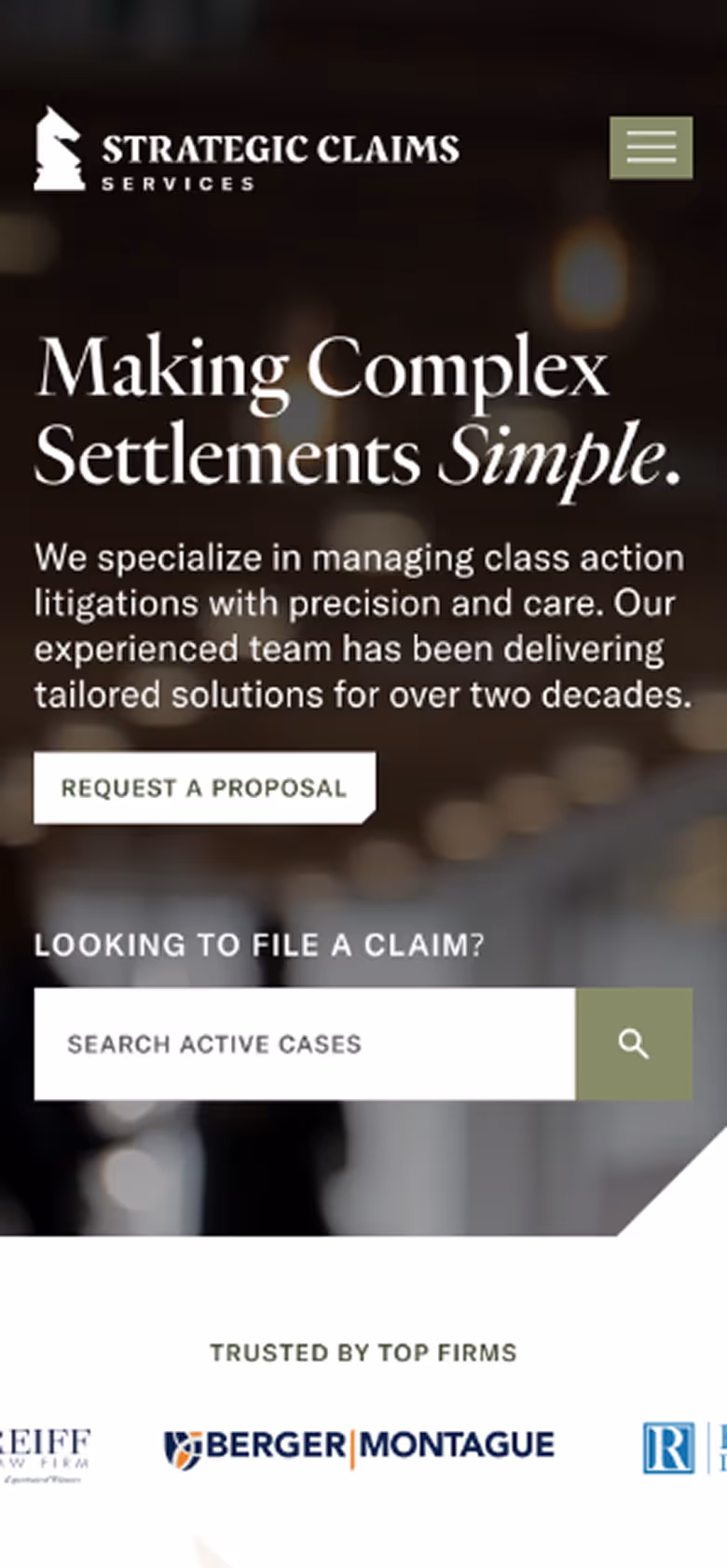 Strategic Claims Services homepage with text 'Making Complex Settlements Simple.' and a search bar to file a claim.