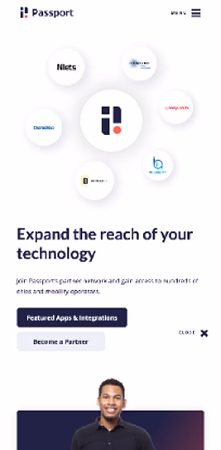 Mobile screen showing Passport partner network logos and text inviting users to expand their technology reach with buttons for featured apps integrations and becoming a partner.