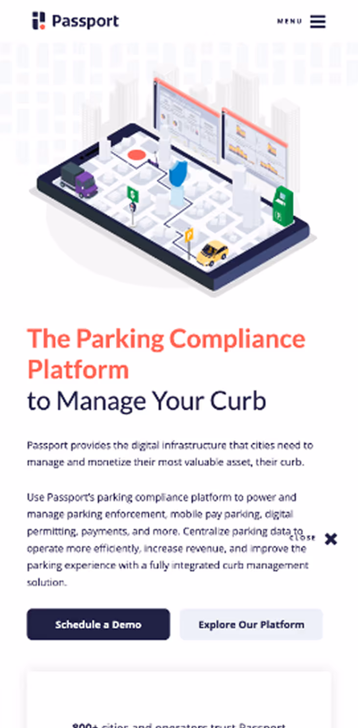 Illustration of a mobile device displaying a city map with vehicles, parking signs, and data analytics screens, representing a parking compliance platform.