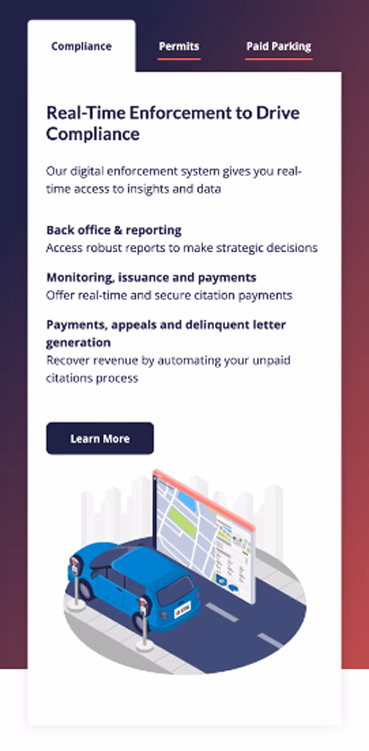 Digital interface showing real-time enforcement compliance with a blue car parked between two parking meters and a large digital map display.