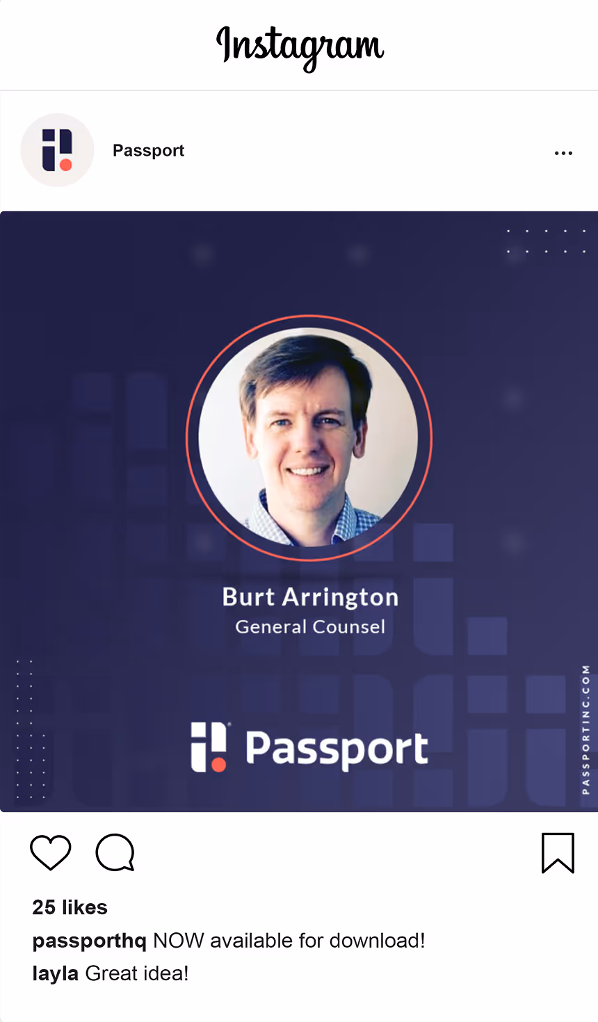 Instagram post by Passport featuring Burt Arrington, General Counsel, with his headshot above the Passport logo on a dark background.