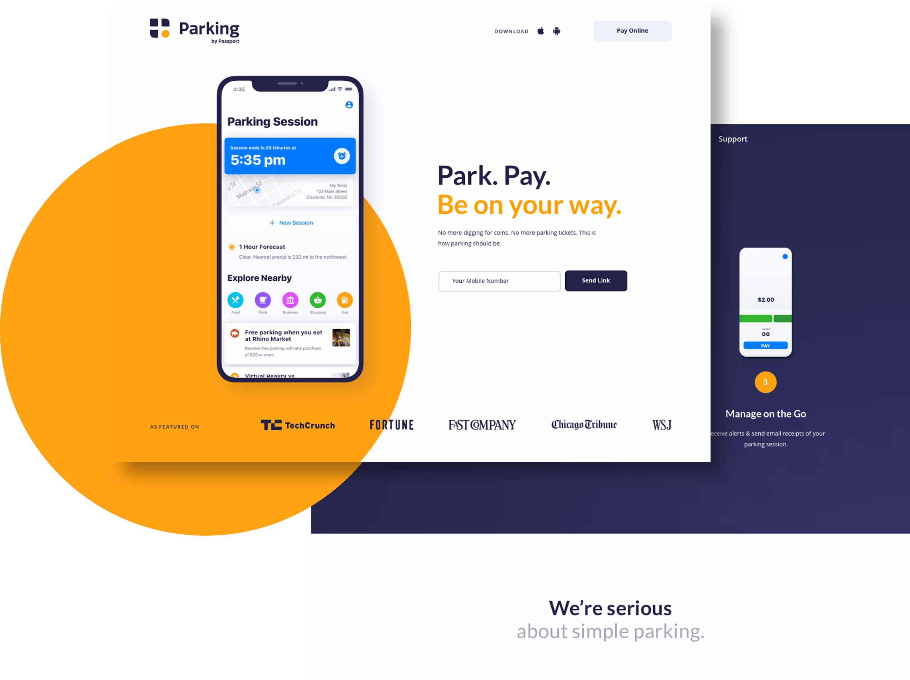 Mobile phone screen showing a parking session with a map and session details, next to text encouraging easy parking payment with 'Park. Pay. Be on your way.' and a mobile number input to send link.