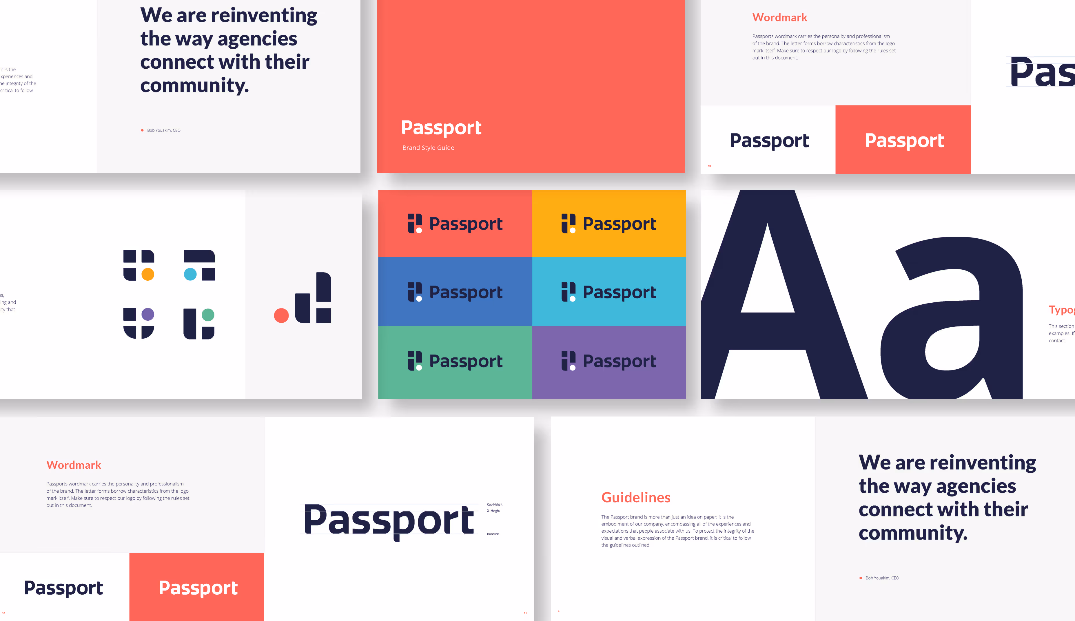 Collage of Passport brand style guide pages showing logos, color variations, typography samples, wordmark guidelines, and the statement 'We are reinventing the way agencies connect with their community.'