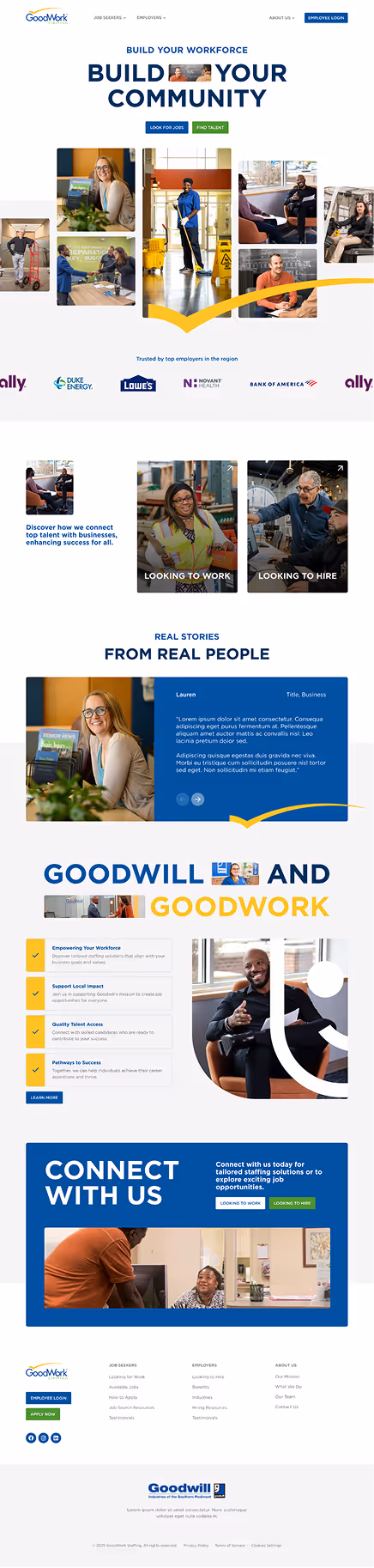 GoodWork homepage showing workforce building message, diverse people working, logos of employers, real stories section, partnership with Goodwill, and call to connect for tailored staffing solutions.
