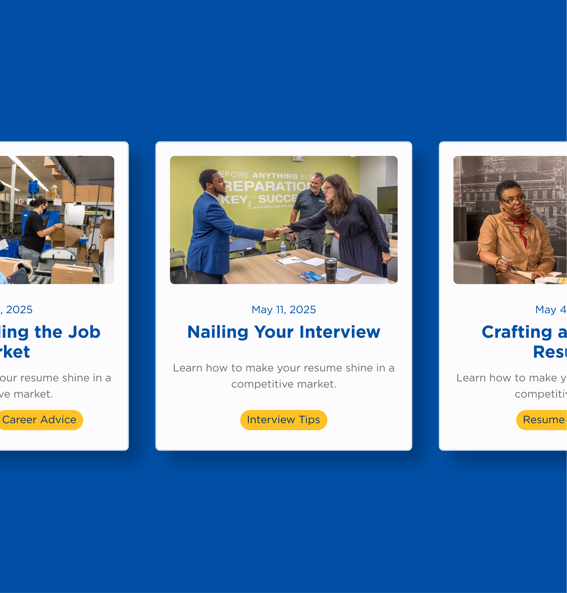 Event card showing a man in a blue suit shaking hands with a woman in a dark dress across a table, titled 'Nailing Your Interview' with date May 11, 2025.