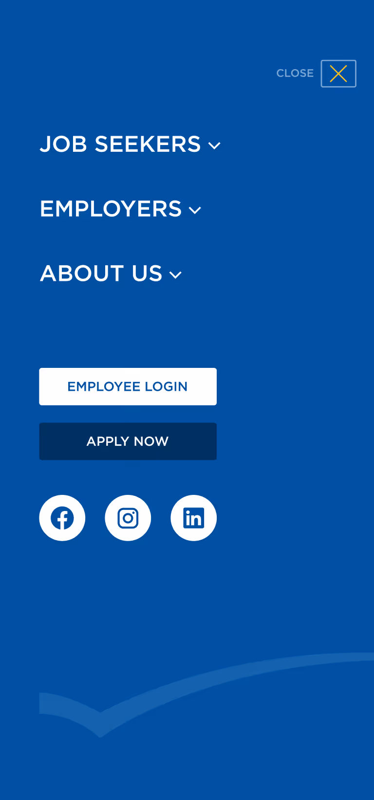 Mobile menu with options for Job Seekers, Employers, About Us, Employee Login and Apply Now buttons, plus Facebook, Instagram, and LinkedIn icons on blue background.