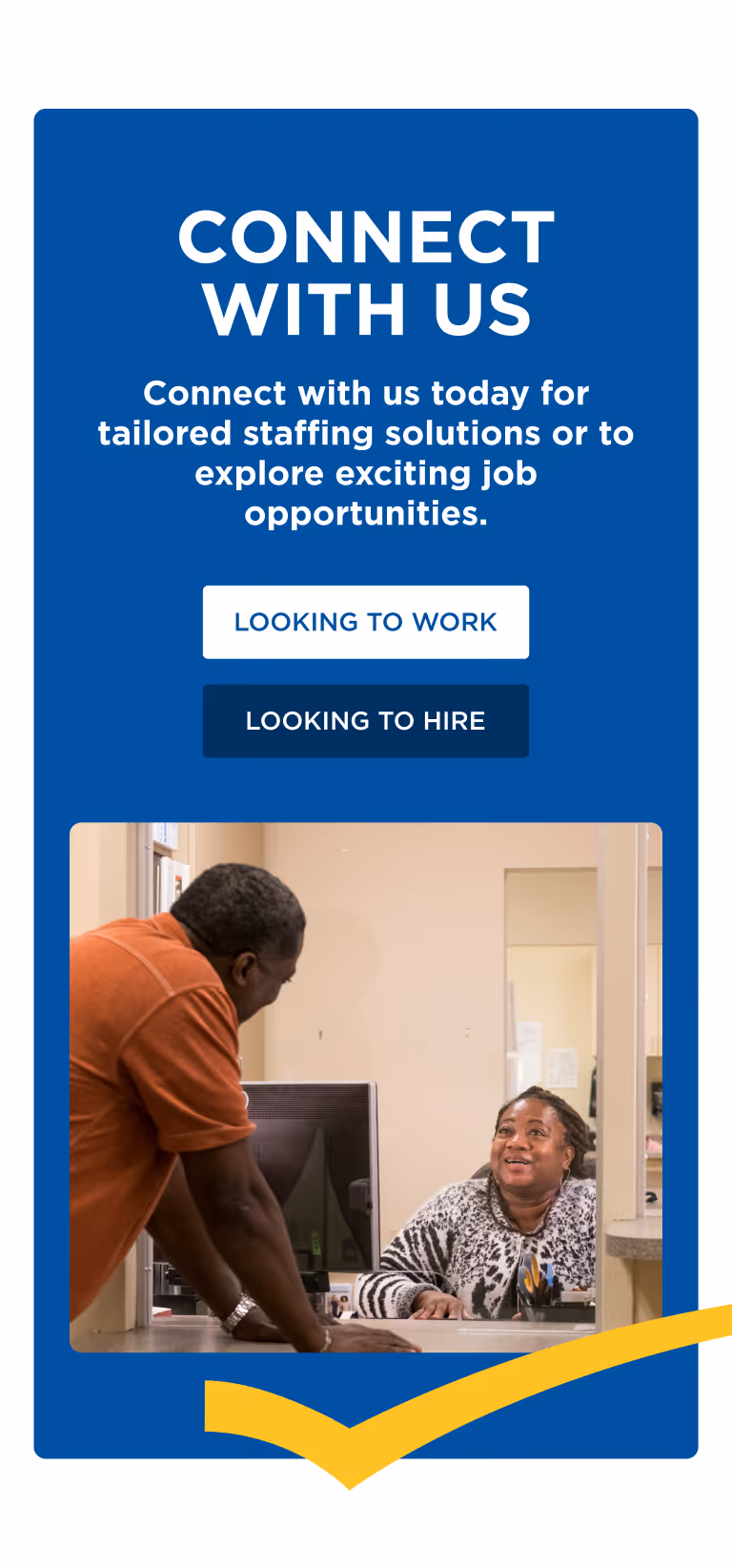 Man in orange shirt talking to woman at a desk smiling in an office setting with text prompts for job seekers and employers.
