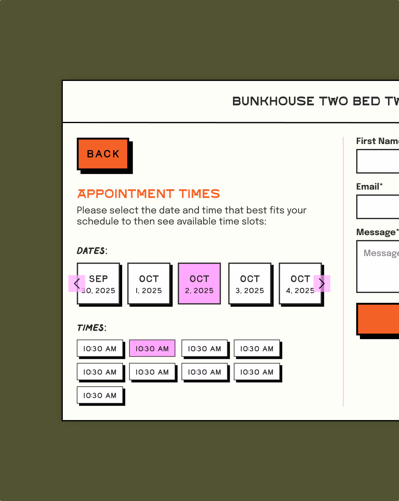 Appointment scheduling interface with selectable dates from September 30 to October 4, 2025, and multiple 10:30 AM time slots, highlighting October 2, 2025 selected in pink.