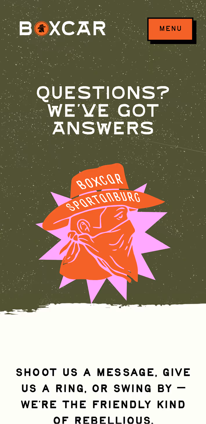 Graphic with 'BOXCAR' logo and a masked figure wearing a hat labeled 'BOXCAR SPARTANBURG' with text 'Questions? We've got answers' on a green background.
