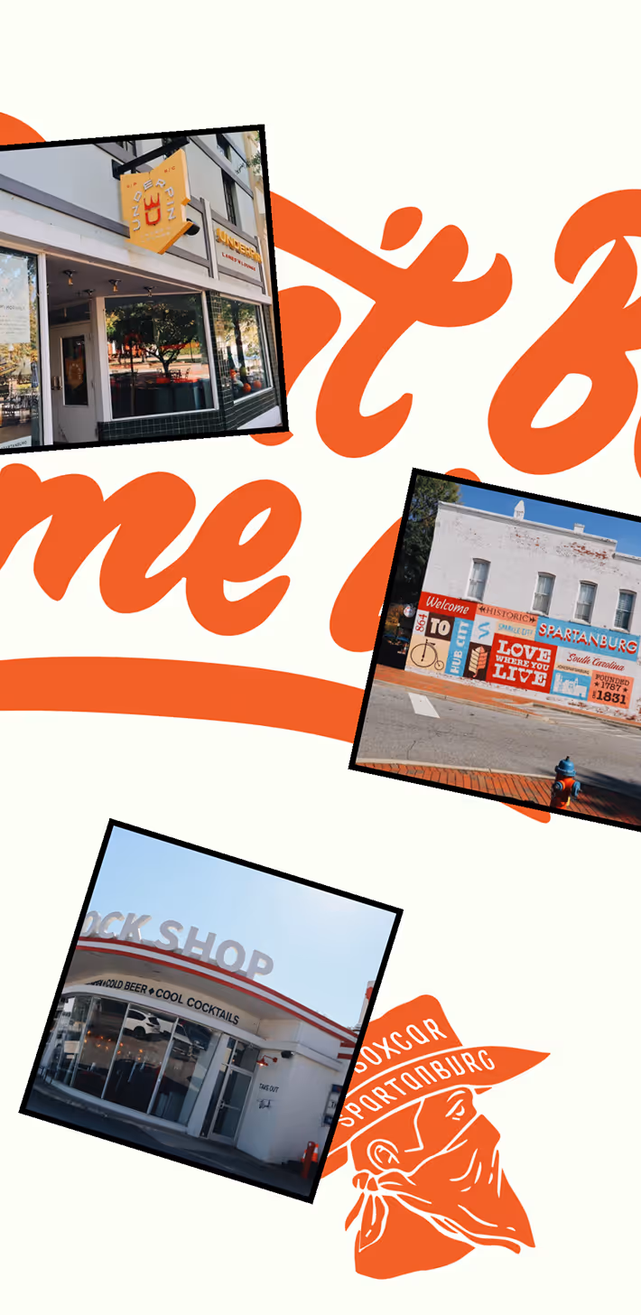 Collage of three photos showing storefronts and a colorful welcome mural in Spartanburg, South Carolina, with an orange graphic of a bandana-covered face wearing a hat labeled 'BOXCAR SPARTANBURG'.