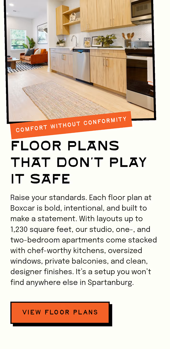 Modern kitchen with light wood cabinets, stainless steel appliances, and a view into a living room with an orange couch.