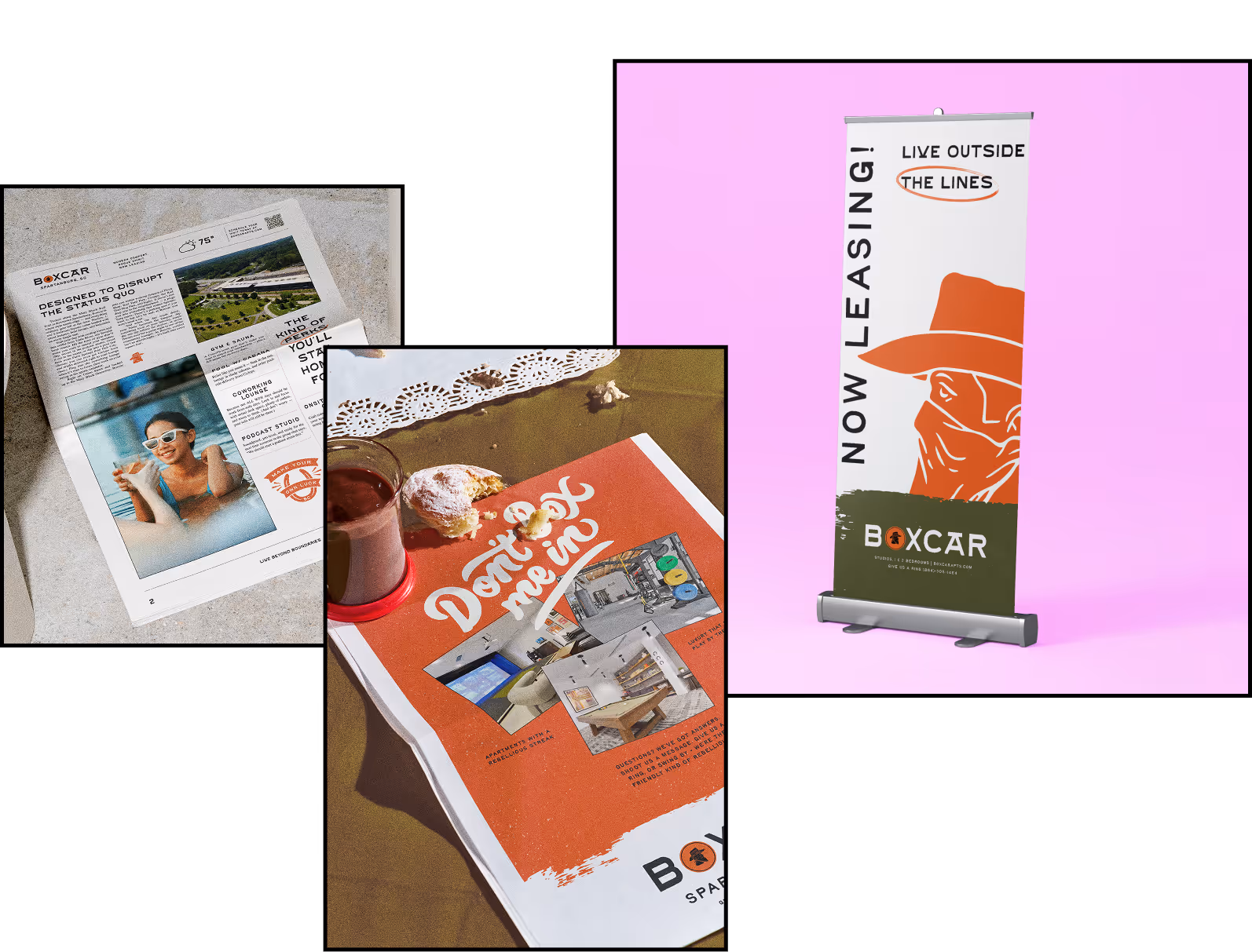 A newspaper, a magazine with a drink and pastry, and a standing banner featuring BOXCAR branding and leasing advertisement.
